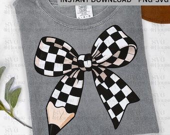 Checkered Pencil Coquette Bow Png, Retro Teacher Png, Teacher Bow png, Gift For Teacher, Trendy Teacher Png Sublimation, Bow Teacher Shirt
