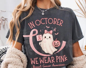 Im Oktober tragen wir Pink PNG, Brustkrebs Bewusstsein Png, Retro Brustkrebs Png, Halloween Pink Geist PNG, Halloween Brustkrebs Shirt