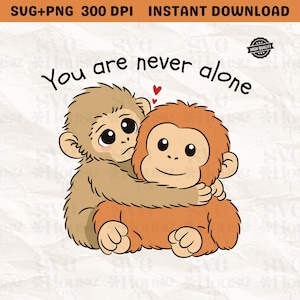 Puede incluir: Ilustración digital de dos monos de dibujos animados abrazándose. Uno es de color marrón claro y el otro naranja. El texto "You are never alone" está encima de los monos, con un pequeño corazón.