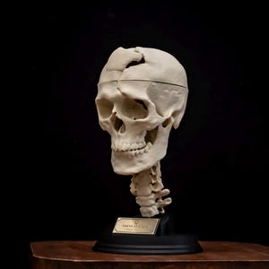 May include: An off-white anatomical human skull model featuring a prominent cranial fracture on the upper left side, mounted on a black pedestal base with a gold-toned plaque labeled Phineas Gage, including a partial cervical spine section.