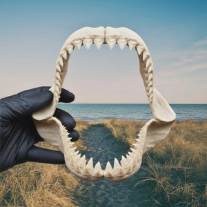 Megalodon / Great White Shark Jaw Replica – 20cm Bone-Coloured 3D Print | Handmade Shark Skull Display for Collectors & Ocean Lovers