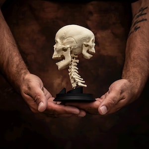 May include: A cream-coloured anatomical model featuring two conjoined human skulls facing opposite directions, supported by a detailed cervical spine column. The entire structure is mounted on a circular black base, showcasing intricate bone textures.