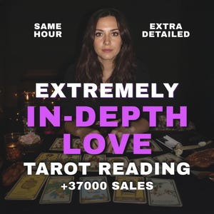May include: A person with long dark hair sits behind a table covered in tarot cards. The text reads: SAME HOUR, EXTRA DETAILED, EXTREMELY IN-DEPTH LOVE TAROT READING, +37000 SALES. The scene is dimly lit with small candles visible on the left side.
