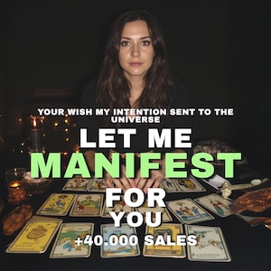 May include: A collection of tarot cards spread across a dark surface with the text: YOUR WISH MY INTENTION SENT TO THE UNIVERSE, LET ME MANIFEST FOR YOU, +40.000 SALES. The cards feature various colorful illustrations and borders.