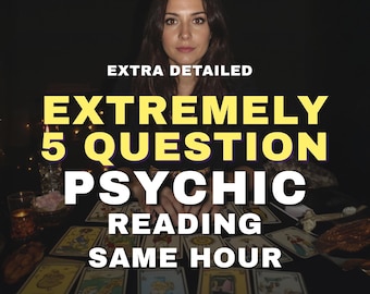 May include: A collection of tarot cards spread out on a dark surface with the text EXTRA DETAILED EXTREMELY 5 QUESTION PSYCHIC READING SAME HOUR overlaid in white and yellow. The cards feature various colourful illustrations and borders.