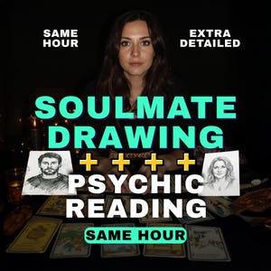 Può includere: Una persona siede dietro un tavolo coperto di carte dei tarocchi, con scritte sovrapposte che recitano SAME HOUR, EXTRA DETAILED, SOULMATE DRAWING e PSYCHIC READING. Due schizzi di volti sono esposti sul tavolo accanto alle carte.