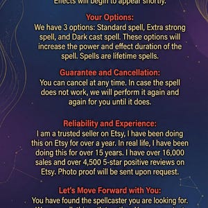 May include: A digital graphic with text about a white magic spell, options, guarantee, and experience. The background is a gradient of purple and blue with gold accents and a stylized Egyptian figure.