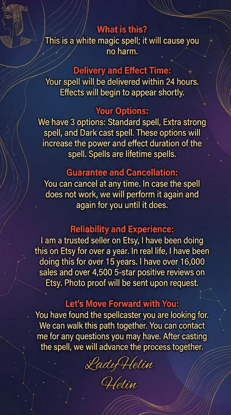 May include: A digital graphic with text about a white magic spell, options, guarantee, and experience. The background is a gradient of purple and blue with gold accents and a stylized Egyptian figure.