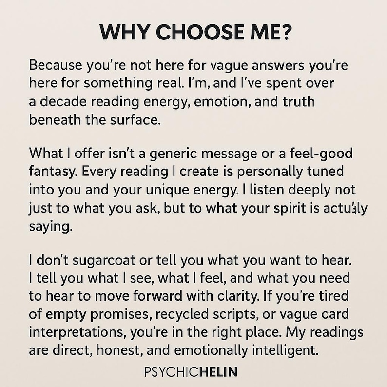 A professional image featuring Helin’s psychic medium service, promoting accurate reading clarity and same hour delivery. The digital file provides instant access to fast psychic reading results, covering general reading, career reading, and psychic love messages. This custom online service emphasizes soulmate insight, psychic predictions, and honest reading truth. Helin’s detailed report and intuitive guidance ensure a high quality psychic spiritual experience for every client.