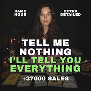 May include: A person with long dark hair sits behind a table covered in tarot cards. The text reads: SAME HOUR, EXTRA DETAILED, TELL ME NOTHING I'LL TELL YOU EVERYTHING, +37000 SALES. The scene is dimly lit with a candle visible on the left side.