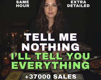 May include: A person with long dark hair sits behind a table covered in tarot cards. The text reads: SAME HOUR, EXTRA DETAILED, TELL ME NOTHING I'LL TELL YOU EVERYTHING, +37000 SALES. The scene is dimly lit with a candle visible on the left side.
