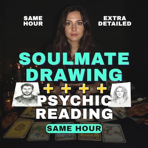 May include: A digital graphic featuring the text SAME HOUR, EXTRA DETAILED, SOULMATE DRAWING, PSYCHIC READING, and SAME HOUR. The image displays two pencil-style sketches of faces placed on a dark surface covered with multiple tarot cards.