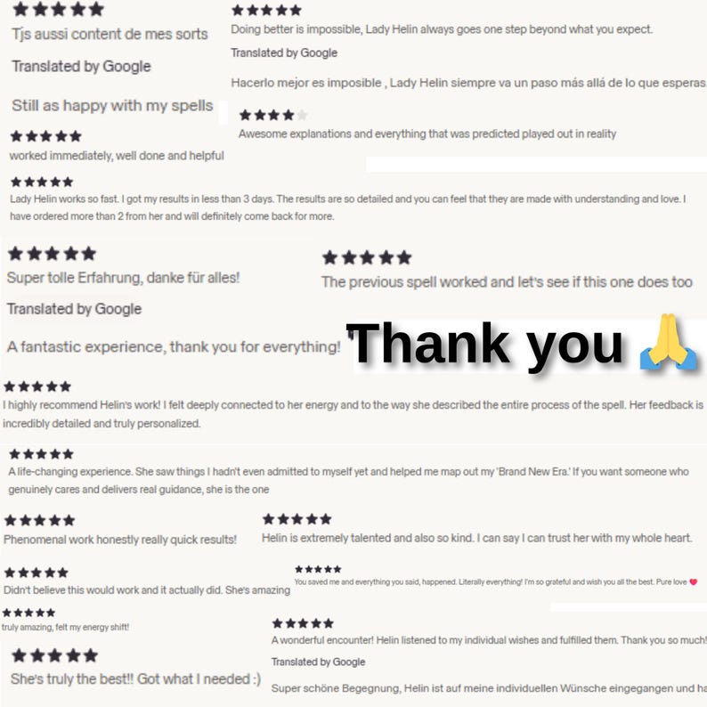 May include: Image with customer testimonials and the words "Thank you" in large text. The testimonials are in multiple languages and express satisfaction with a service, with many five-star ratings.