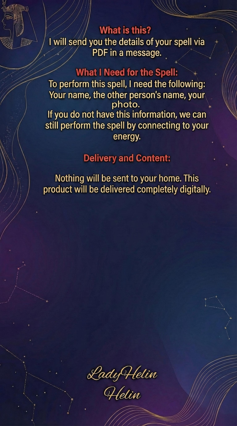 May include: Digital product advertisement on a dark blue and purple background with gold accents. Text includes details about a spell, requirements, and delivery information. The Lady Helin logo is at the bottom.
