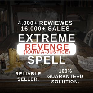 Peut inclure: Image sur le thème des sorts avec le texte "EXTREME REVENGE SPELL". L'image comprend des bougies, un petit bol avec des herbes et une bouteille. Le texte supplémentaire indique un vendeur fiable et une solution garantie.