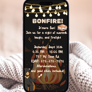 Digital and Print invite | Fire pit | Fall Bonfire Invitation: S&#39;mores Party, Backyard Gathering (CANVA Digital Download)
