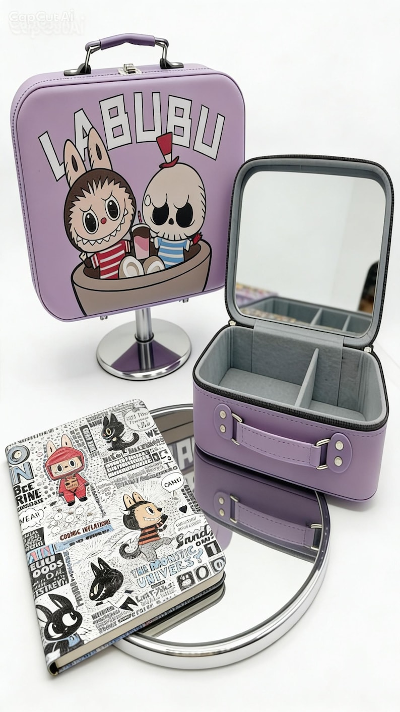May include: A lavender rectangular vanity case with a top handle and a Labubu character graphic. An open matching case reveals a grey interior with a mirror and dividers. A flat rectangular notebook features black and white comic book illustrations.