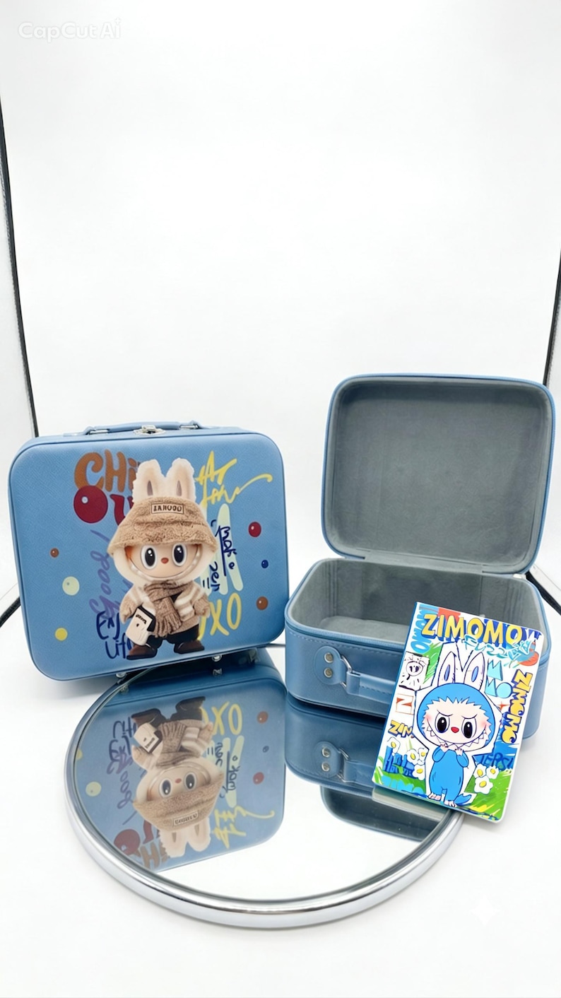 May include: Two light blue rectangular storage cases with rounded corners. One case is closed and features a plush rabbit figure wearing a tan hat and scarf. The other case is open, revealing a gray interior, with a ZIMOMO character card placed in front.