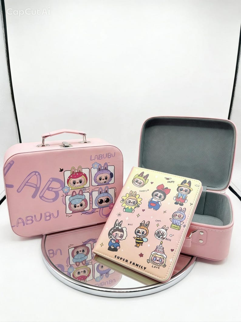 May include: A pink rectangular carrying case with a handle and a matching pink notebook featuring cartoon characters and the text LABUBU and SUPER FAMILY. The case is open, revealing a gray interior, and sits on a round reflective surface.