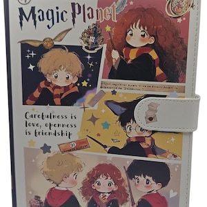 May include: A white rectangular notebook featuring anime-style illustrations of three characters in wizard robes. The cover displays the text Magic Planet, Carefulness is love, openness is friendship, and 9 3/4, along with a golden snitch and time turner.