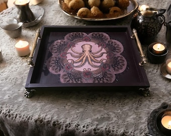 Hand-Burned Octopus Mandala Serving Tray: Mahogany & Antique Brass