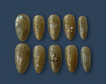 Hand-Painted Press-On Nails – Golden Filigree, Sacred Geometry, Olive Moss Marble
