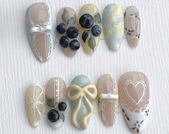 Blueberry Lemon Press On Nails | 3D Bow Handmade Nail Set
