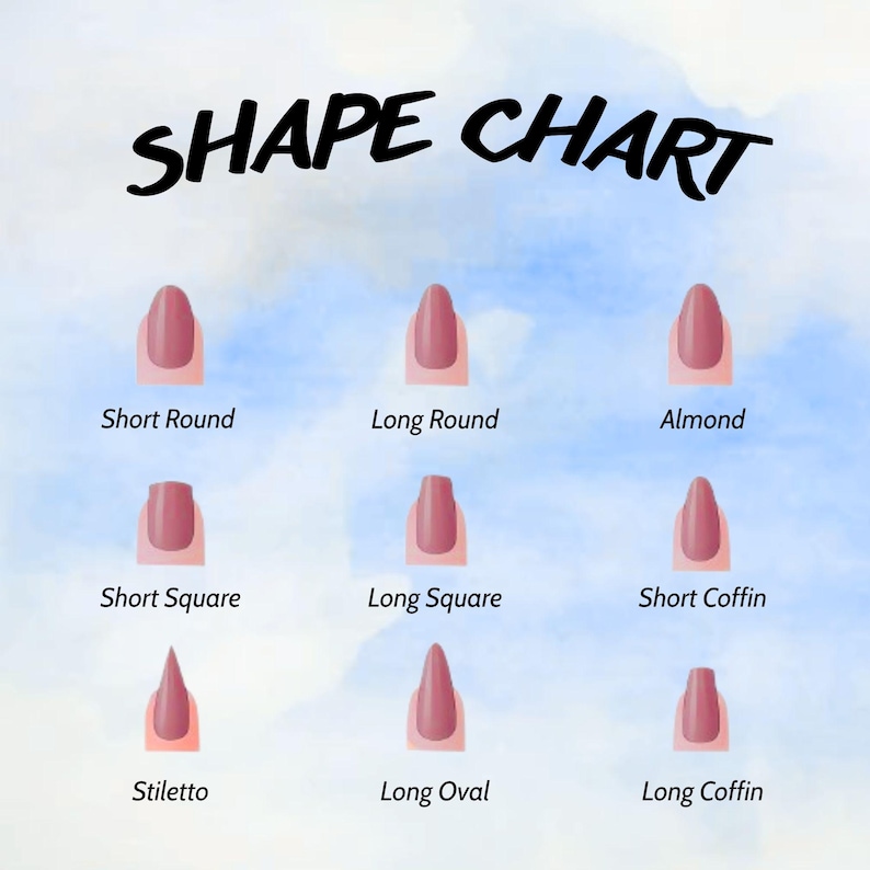 May include: A nail shape chart with the title "SHAPE CHART" in black script. The chart displays nine different nail shapes: Short Round, Long Round, Almond, Short Square, Long Square, Short Coffin, Stiletto, Long Oval, and Long Coffin.