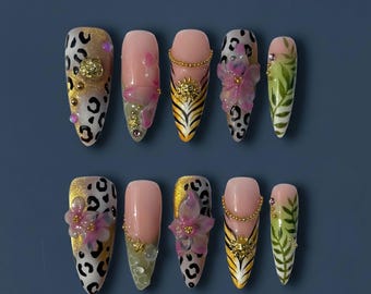 Safari Goddess Press-On Nails – 3D Sculpted Tropical Blooms, Embossed Leopard & Tiger Prints and Golden Sun Motif Set