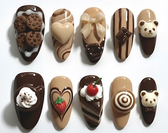 Handmade Chocolate Press On Nails | Dessert Theme with Cookies and Strawberry Art