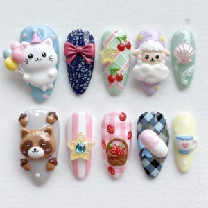 Pastel Cute Press On Nails | Cat and Sheep Nail Art with Cherry and Tea Cup | Strawberry Basket and Star Design Nail Set