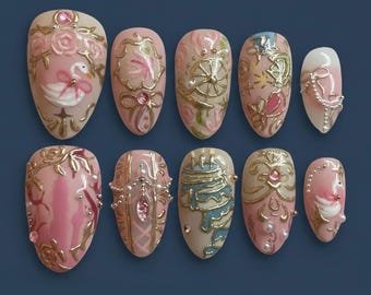 Hand-Painted Swan Press-On Nails – Pink Rococo Pearl Bead Set