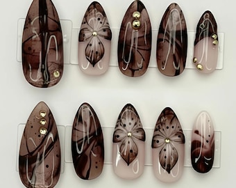 Handmade Brown Marble Press On Nails | Elegant Smoke Nail Art with Gold Accents
