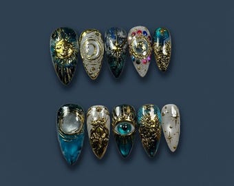 3D Celestial Press On Nails | Gothic Sun, Moon, Evil Eye Nail Art