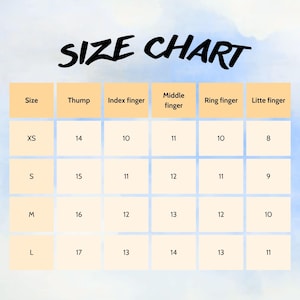 May include: A size chart with the text "SIZE CHART" in black cursive font. The chart has rows for sizes XS, S, M, and L. Columns include thumb, index finger, middle finger, ring finger, and little finger measurements.