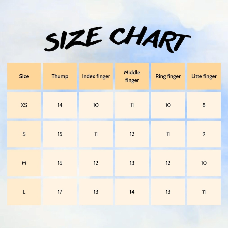 May include: A size chart with the text "SIZE CHART" in black cursive font. The chart has rows for sizes XS, S, M, and L. Columns include thumb, index finger, middle finger, ring finger, and little finger measurements.