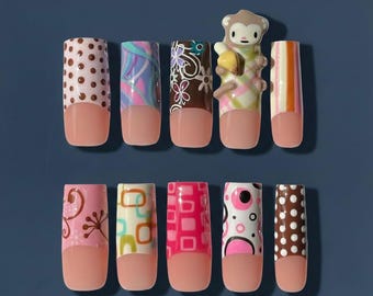 Y2K Monkey Press-On Nails – 3D Sculpted Plaid, Hand-Painted Pop Art