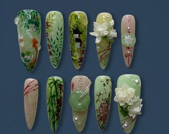 Jade Zen Garden Press-On Nails – Hand-Painted Koi Pond, 3D Camellia Flowers, Ink Wash Landscapes & Faux Jade Donut Charm Set