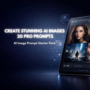 Op de afbeelding: Een digitale tablet toont AI-gegenereerde afbeeldingen, waaronder een portret en fantasie scènes. De tekst op het scherm luidt "Create Stunning AI Images" en "20 Pro Prompts". De tablet staat op een donkerblauwe achtergrond met gloeiende accenten, ter promotie van een AI-beeldprompt starter pack.