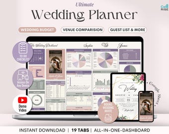 May include: A digital wedding planner displayed on a laptop, tablet, and smartphone. The planner includes sections for the wedding budget, venue comparison, and guest list. The screen displays charts, photos, and the text "Ultimate Wedding Planner."