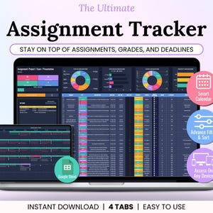 以下が含まれることがあります： ラップトップとタブレットに、グラフとデータテーブルを備えたデジタル課題トラッカーが表示されています。「Assignment Tracker」と「Stay on top of assignments, grades, and deadlines」というテキストが表示されています。スマートカレンダーや高度なフィルターなどの機能を示すアイコンがあります。