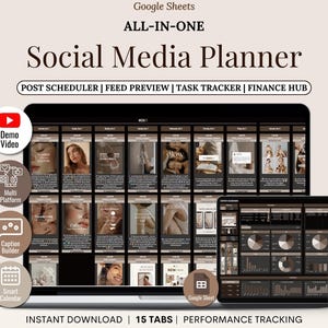 Könnte beinhalten: Ein digitaler Social-Media-Planer, der auf einem Laptop, Tablet und Telefon angezeigt wird. Der Planer umfasst Funktionen wie einen Post-Scheduler, eine Feed-Vorschau, einen Task-Tracker und einen Finanz-Hub. Der Text "Sofortiger Download | 15 Tabs | Leistungsverfolgung" ist ebenfalls enthalten.