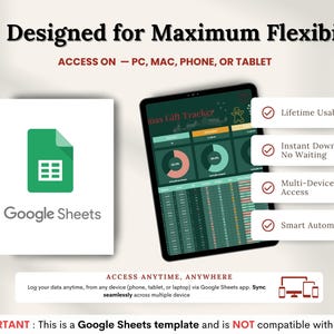Puede incluir: Anuncio de un producto digital que presenta una plantilla de Google Sheets. La imagen muestra una tableta que muestra un rastreador de regalos, el logotipo de Google Sheets y texto que destaca caracter&iacute;sticas como el acceso multidispositivo y la automatizaci&oacute;n inteligente.