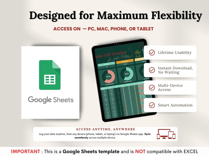 Puede incluir: Anuncio de un producto digital que presenta una plantilla de Google Sheets. La imagen muestra una tableta que muestra un rastreador de regalos, el logotipo de Google Sheets y texto que destaca caracter&iacute;sticas como el acceso multidispositivo y la automatizaci&oacute;n inteligente.