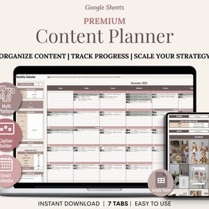 Op de afbeelding: Een digitale contentplanner weergegeven op een laptop en tablet. De laptop toont een maandelijkse kalenderindeling, terwijl de tablet een Instagram-feed weergeeft. Tekst bevat "Content Planner", "Organize Content", en "Instant Download".
