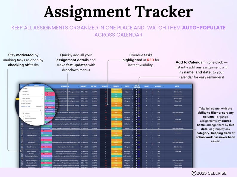 Assignment Tracker Spreadsheet Dark Mode Student Planner Google Sheets ...