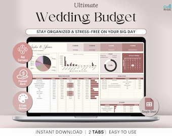May include: A laptop screen shows a wedding budget spreadsheet with charts and tables. The spreadsheet includes sections for expenses, payments, and a calendar. The text "Ultimate Wedding Budget" is at the top. Icons indicate currency options, payment alerts, and colour options.