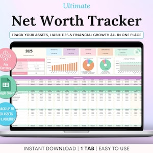 May include: A laptop screen displays a "Net Worth Tracker" spreadsheet. The title is in bold black font. The spreadsheet includes charts, graphs, and tables for tracking assets, liabilities, and financial growth. The image also includes the text "TRACK UP TO 50 ASSETS 50 LIABILITIES".