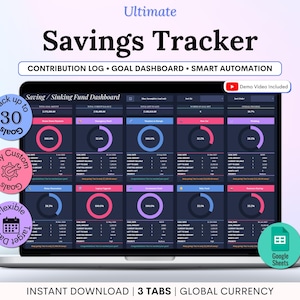 May include: A digital savings tracker displayed on a laptop screen, featuring a dark-themed dashboard with multiple progress rings, contribution logs, and goal tracking. Text includes Ultimate Savings Tracker, Contribution Log, Goal Dashboard, Smart Automation, and Google Sheets.