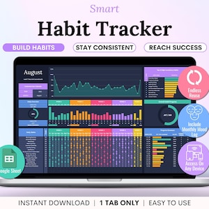 Puede incluir: Una pantalla de portátil que muestra un panel de control "Smart Habit Tracker". La interfaz incluye gráficos y visualizaciones de datos para el seguimiento de hábitos. El texto en la pantalla incluye "Build Habits", "Stay Consistent" y "Reach Success".